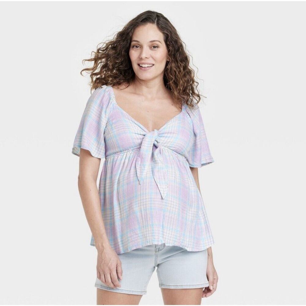 Tie-Front Pastel Plaid Maternity Top - Pastel Multi